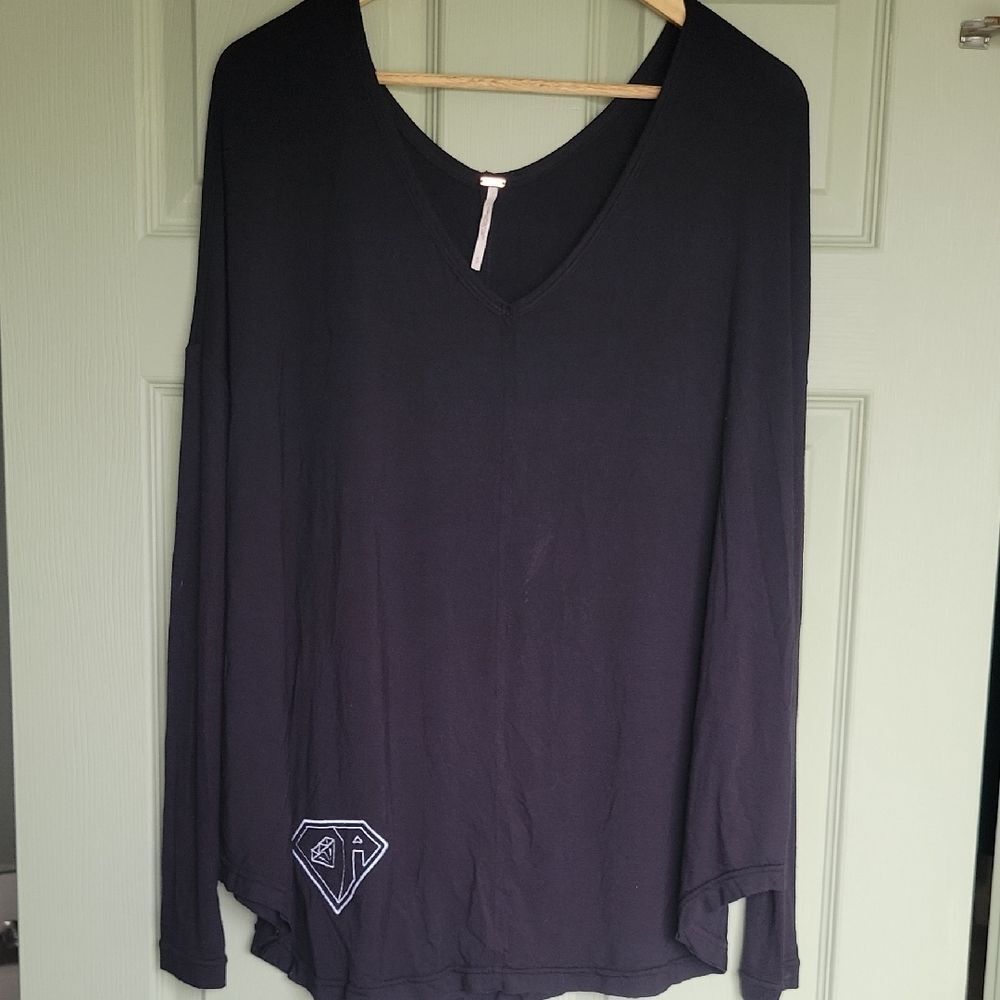 Free People Black Long Sleeve V-Neck Top Boho Chic 90s Minimalist Size S